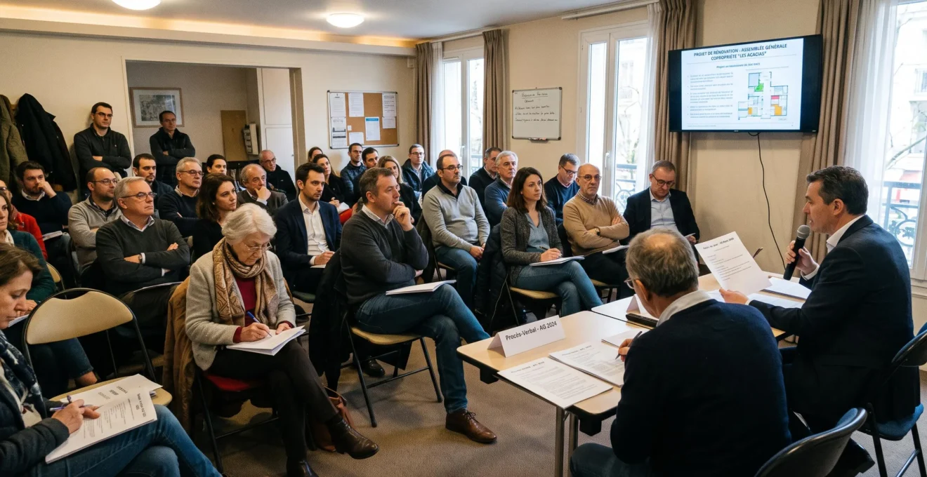 Assemblée générale de copropriétaires réunis en salle commune pour voter sur un projet de travaux de rénovation énergétique