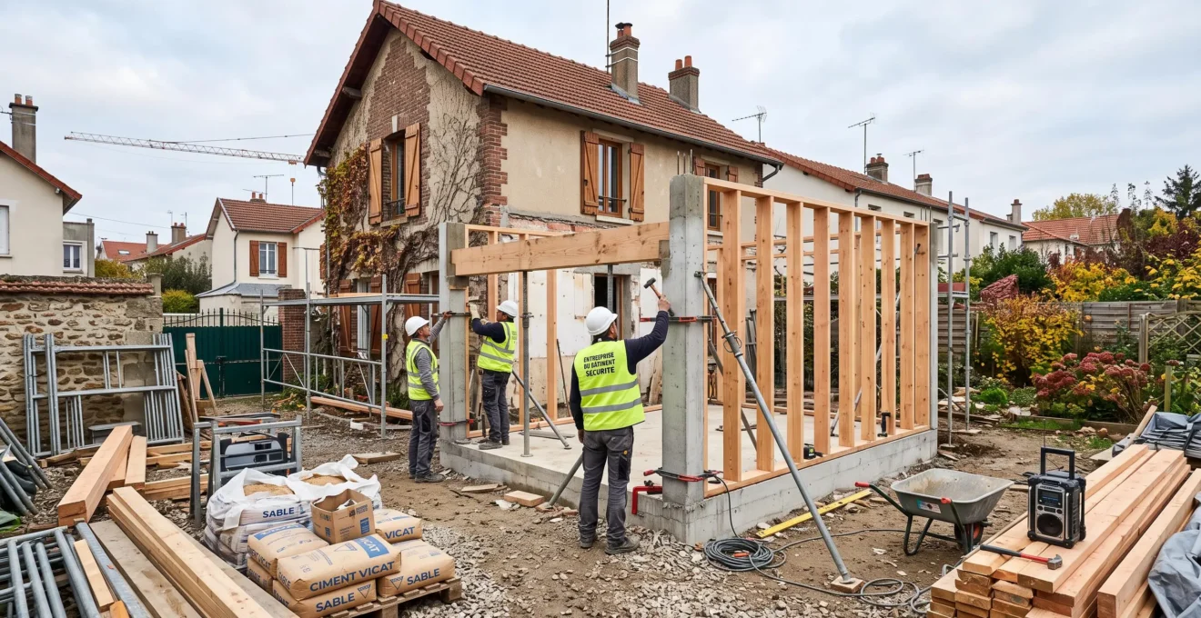 Chantier d'extension de maison pavillonnaire en Île-de-France avec ouvriers montant une structure porteuse béton ou bois, matériaux de construction au premier plan, maison existante en arrière-plan