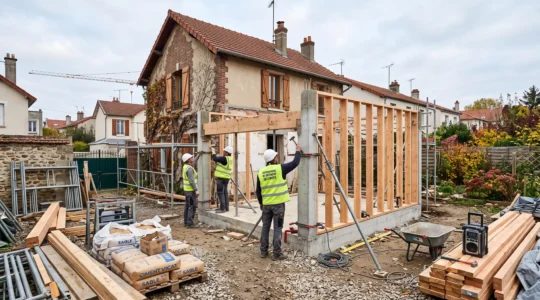 Chantier d'extension de maison pavillonnaire en Île-de-France avec ouvriers montant une structure porteuse béton ou bois, matériaux de construction au premier plan, maison existante en arrière-plan
