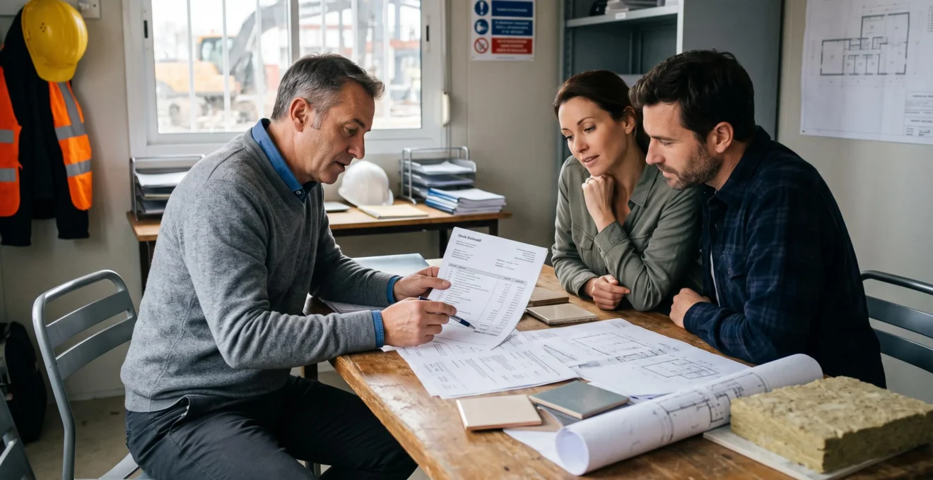Chef de projet BTP présentant un devis détaillé poste par poste à un couple de particuliers dans un bureau de chantier, documents techniques et plans étalés sur la table