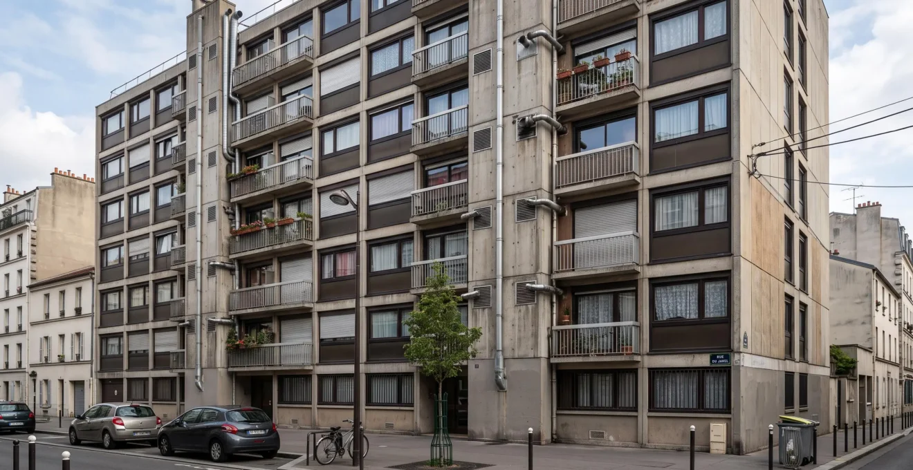 Immeuble de copropriété parisien des années 1970 avec chauffage collectif, typique des bâtiments éligibles aux travaux de calorifugeage gratuit