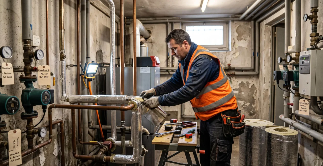 Professionnel de la rénovation énergétique installant un isolant thermique épais autour de tuyaux de chauffage en cuivre dans une chaufferie de sous-sol d'immeuble parisien