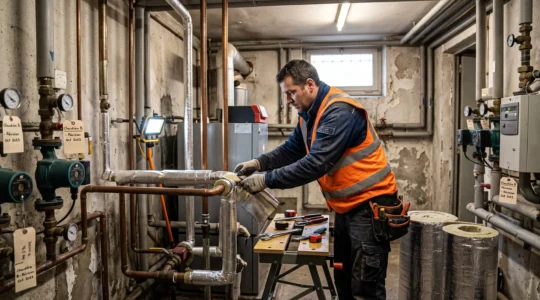 Professionnel de la rénovation énergétique installant un isolant thermique épais autour de tuyaux de chauffage en cuivre dans une chaufferie de sous-sol d'immeuble parisien