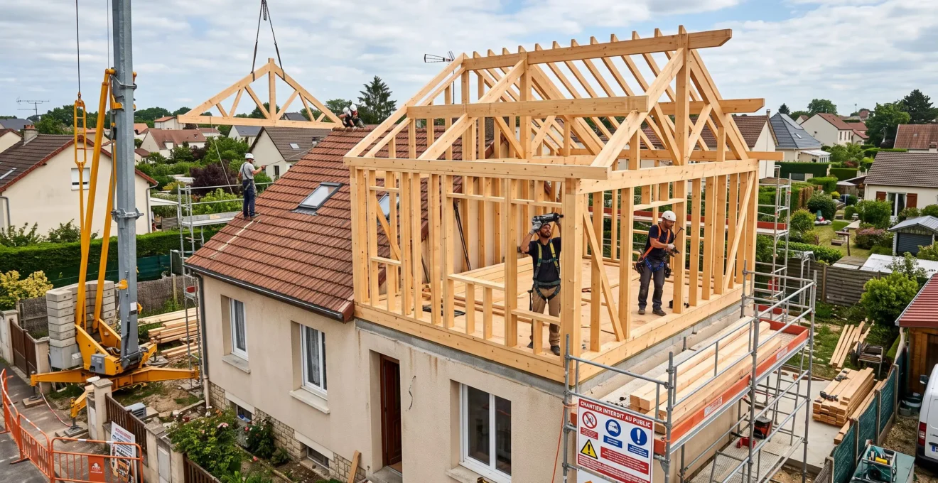 Surélévation d'une maison pavillonnaire francilienne avec structure ossature bois en cours de montage au-dessus du rez-de-chaussée existant, charpentiers au travail, environnement résidentiel dense