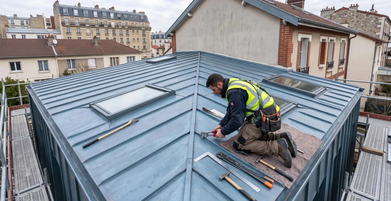 Toiture plate en zinc avec skydom intégré, artisan zingueur travaillant sur l'assemblage des feuilles de zinc, outils spécialisés visibles, contexte urbain francilien en arrière-plan